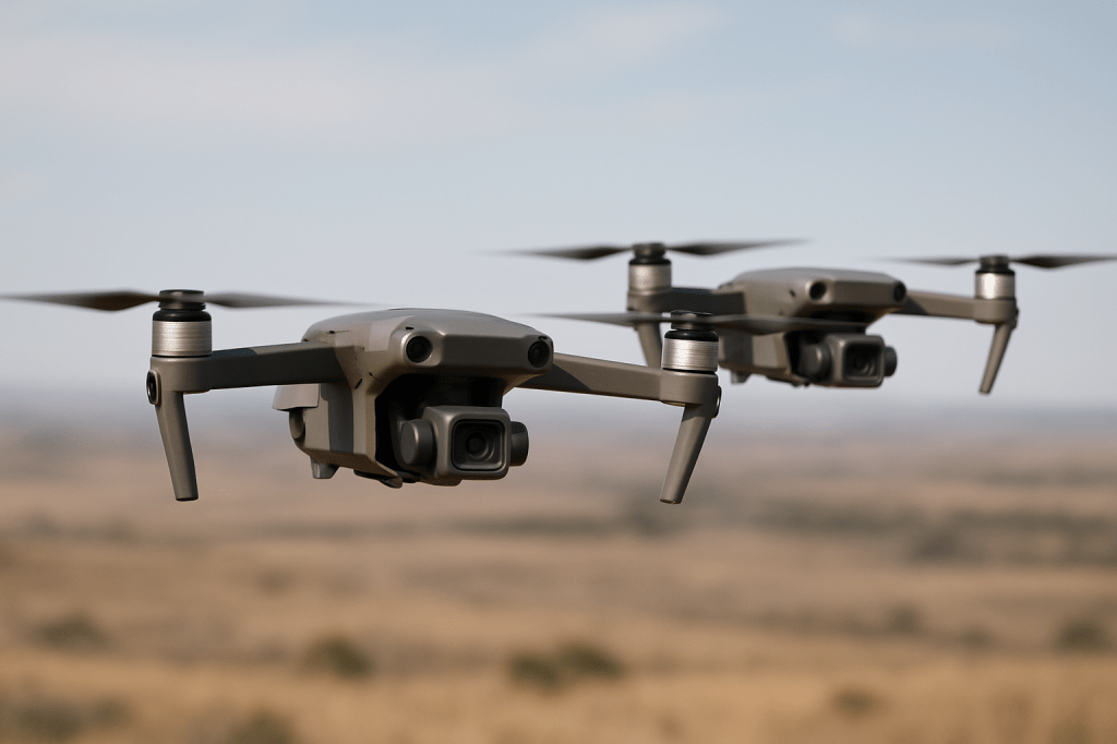 Two drones flying side by side in formation as wingmen during a drone inspection mission.