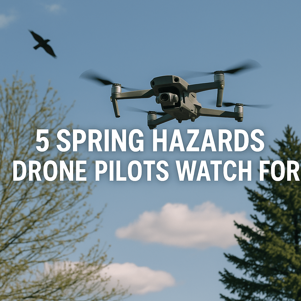 A drone hovers mid-air on a clear spring day with trees and a bird nearby, illustrating seasonal flight hazards for drone pilots.