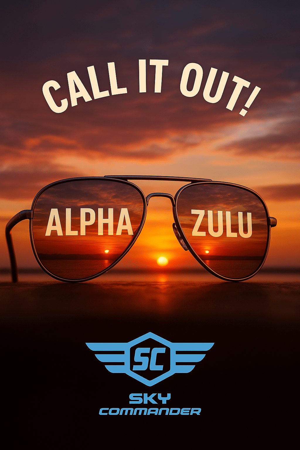 Photo-realistic aviator sunglasses reflecting a vibrant sunset, with "Alpha" and "Zulu" text on the mirrored lenses, "Call It Out!" arched above, and the Sky Commander logo displayed below.
