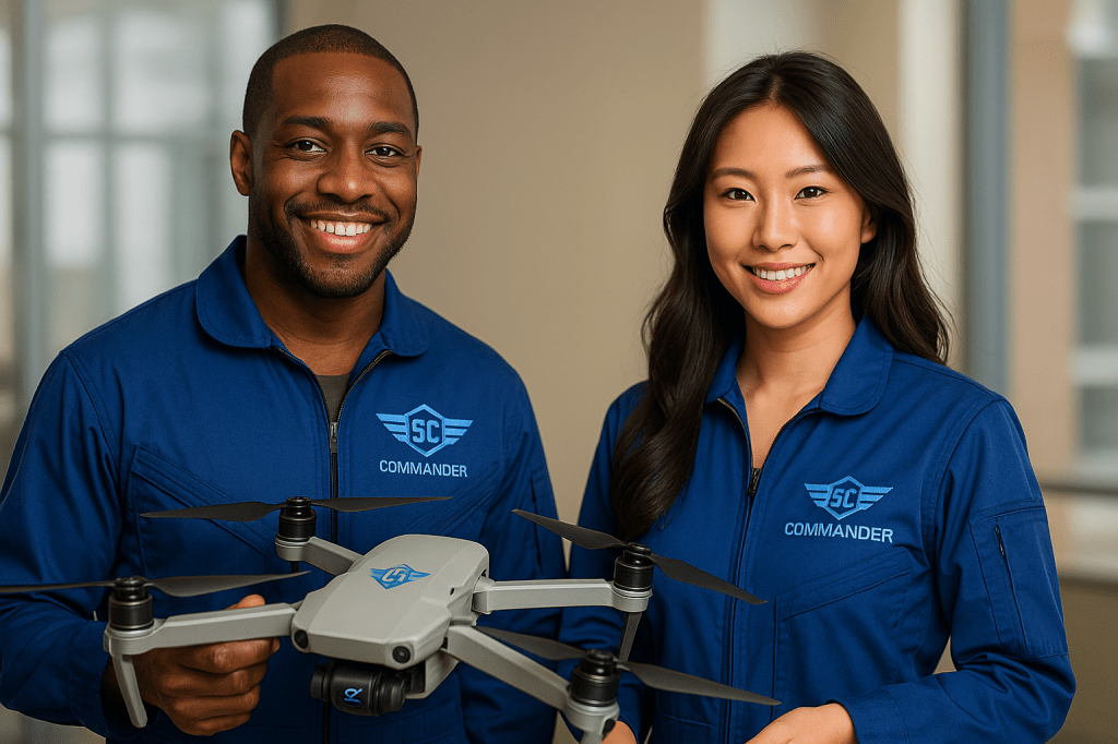 Two Sky Commander team members, a smiling Black man and an Asian woman, hold a drone together while wearing branded flight suits with the Sky Commander logo.