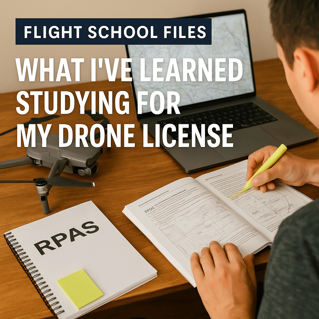 Person studying RPAS training materials with a highlighter, drone and laptop beside them, preparing for Canadian drone license certification.