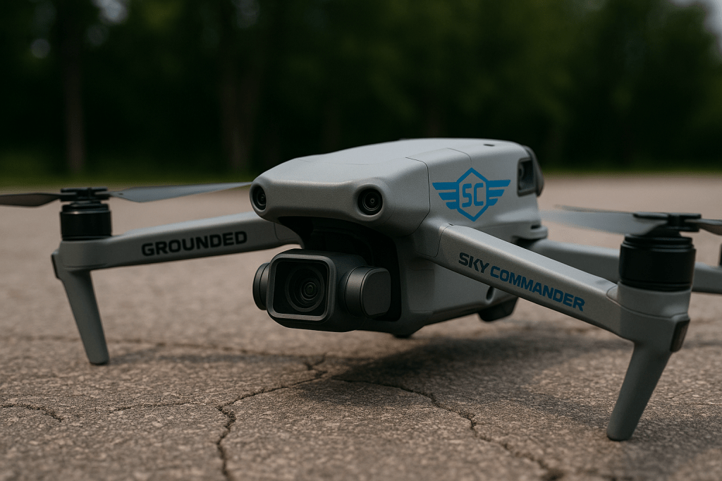 Grounded drone on cracked pavement with Sky Commander branding, symbolizing pre-flight preparation and training focus.