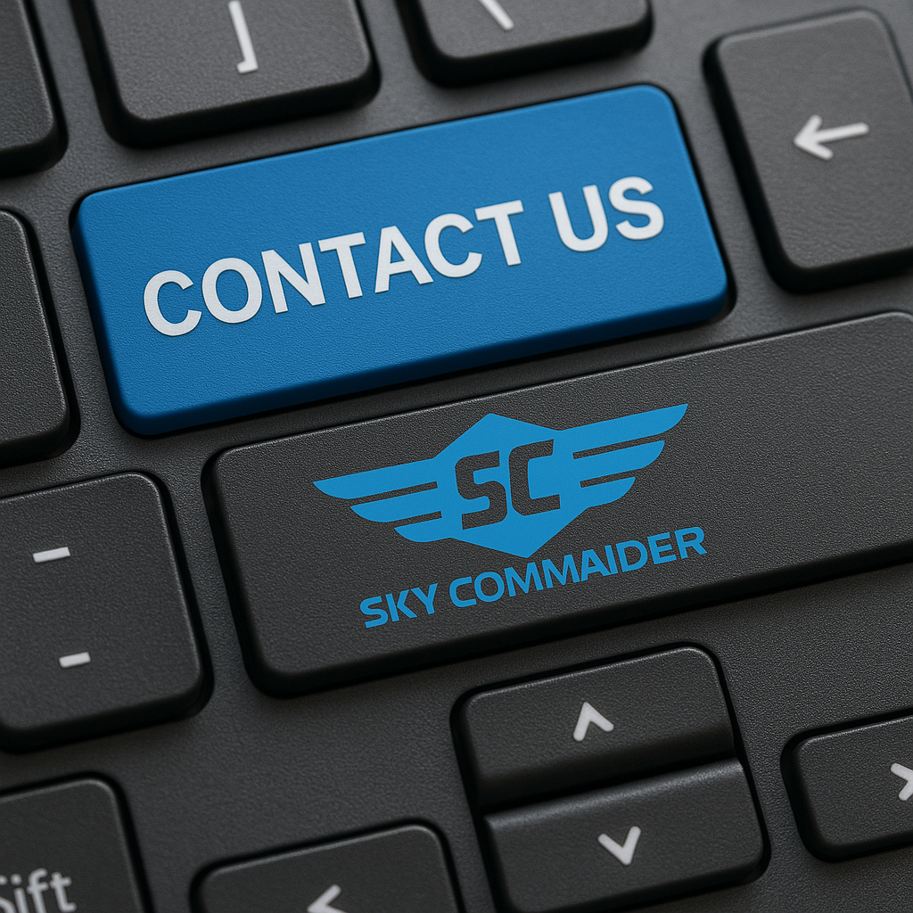 Close-up of a keyboard with a blue "Contact Us" button and the Sky Commander logo