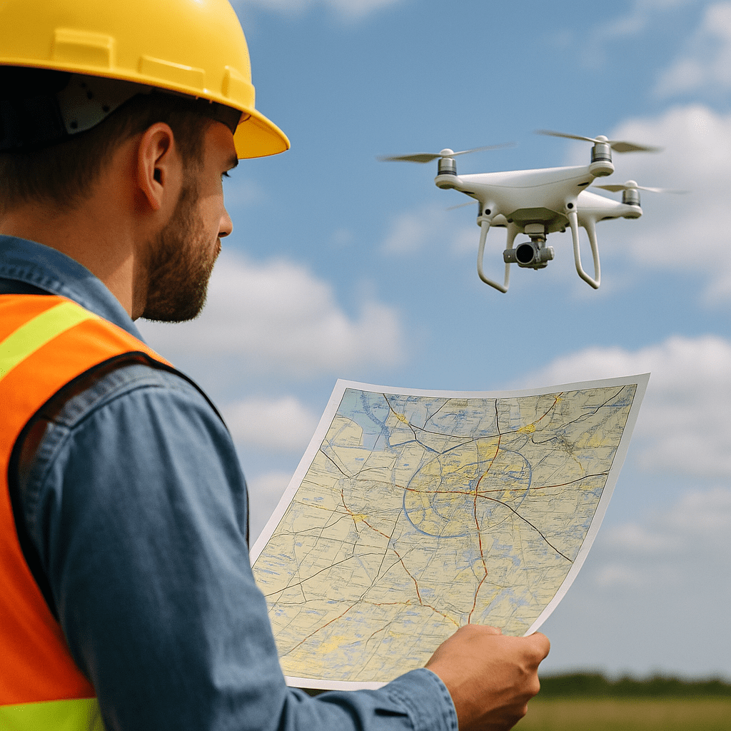Drone operator in safety gear holding an airspace map while monitoring a quadcopter flying overhead in a blue sky.