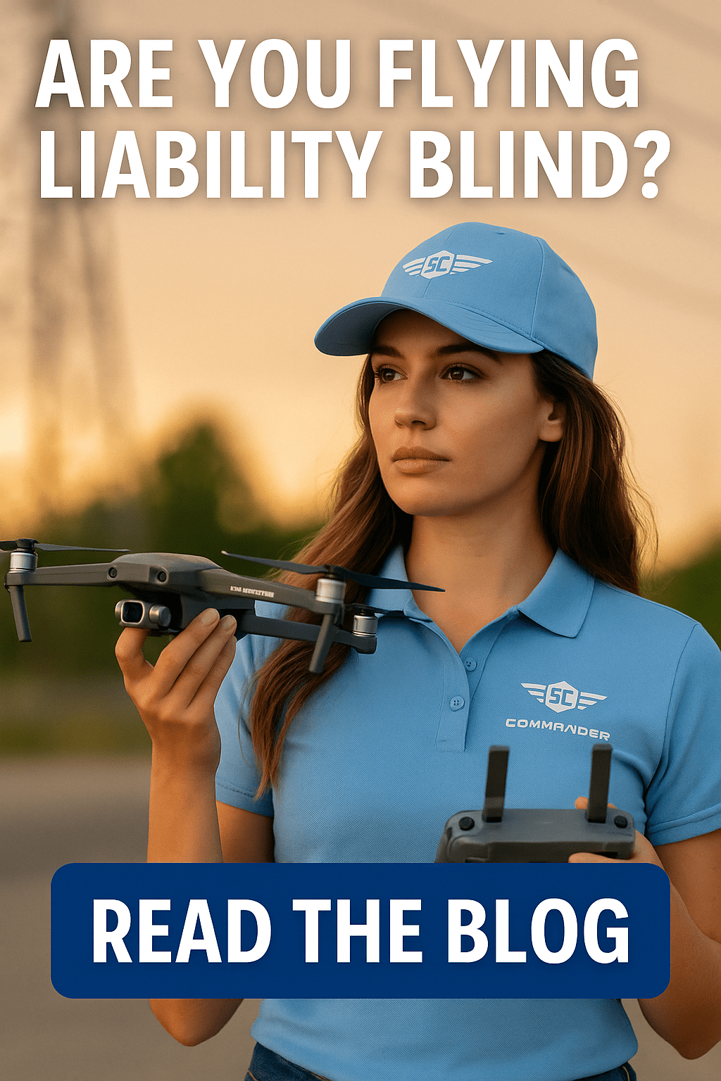 Attractive female drone pilot in Sky Commander gear holding a drone and controller with a serious expression, with the headline “Are You Flying Liability Blind?” promoting drone flight safety and liability awareness.