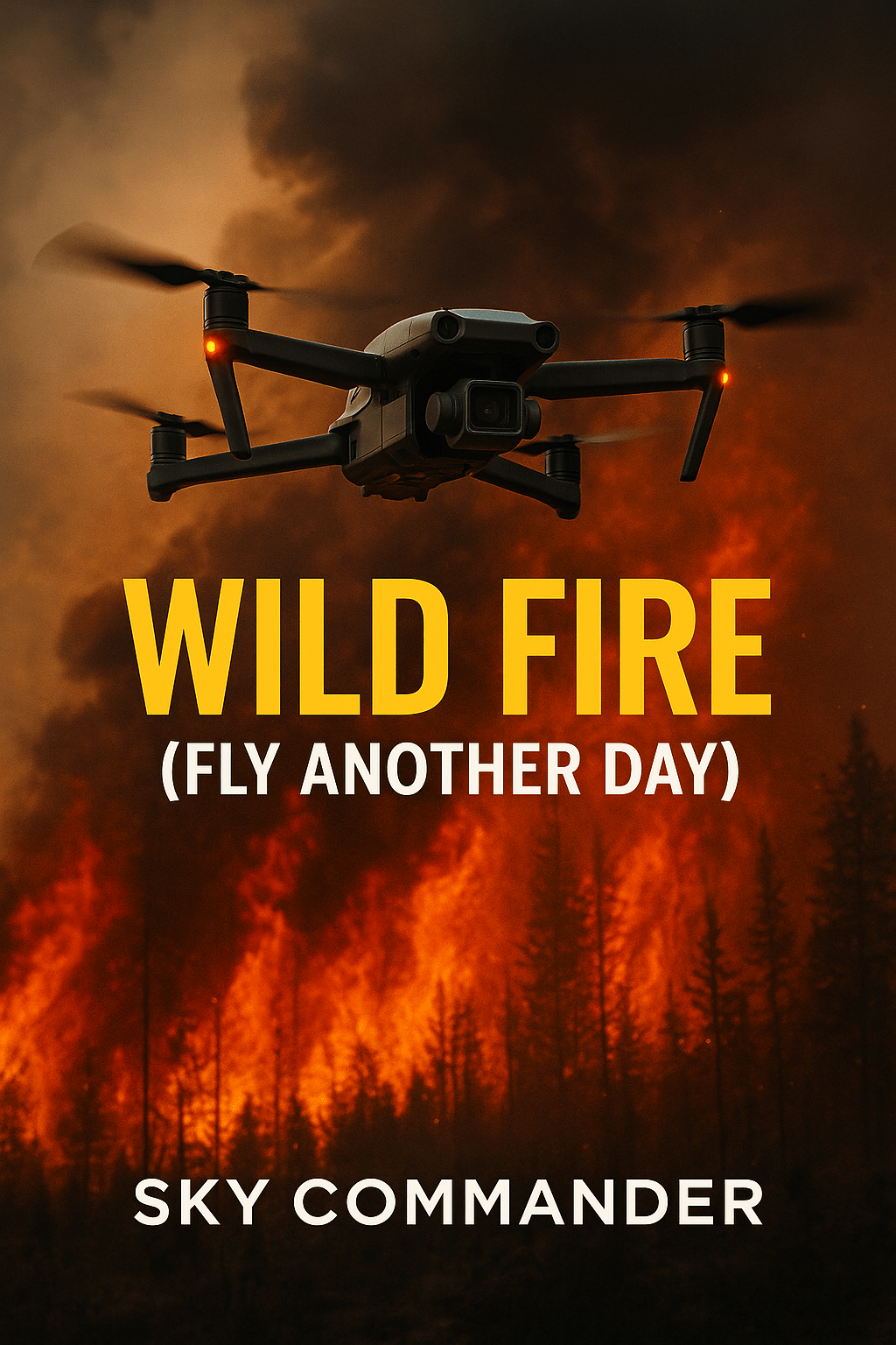 A rugged drone hovers above an intense wildfire with smoke and flames rising behind it. Bold text on the image reads "Wild Fire (Fly Another Day)" with Sky Commander branding below.