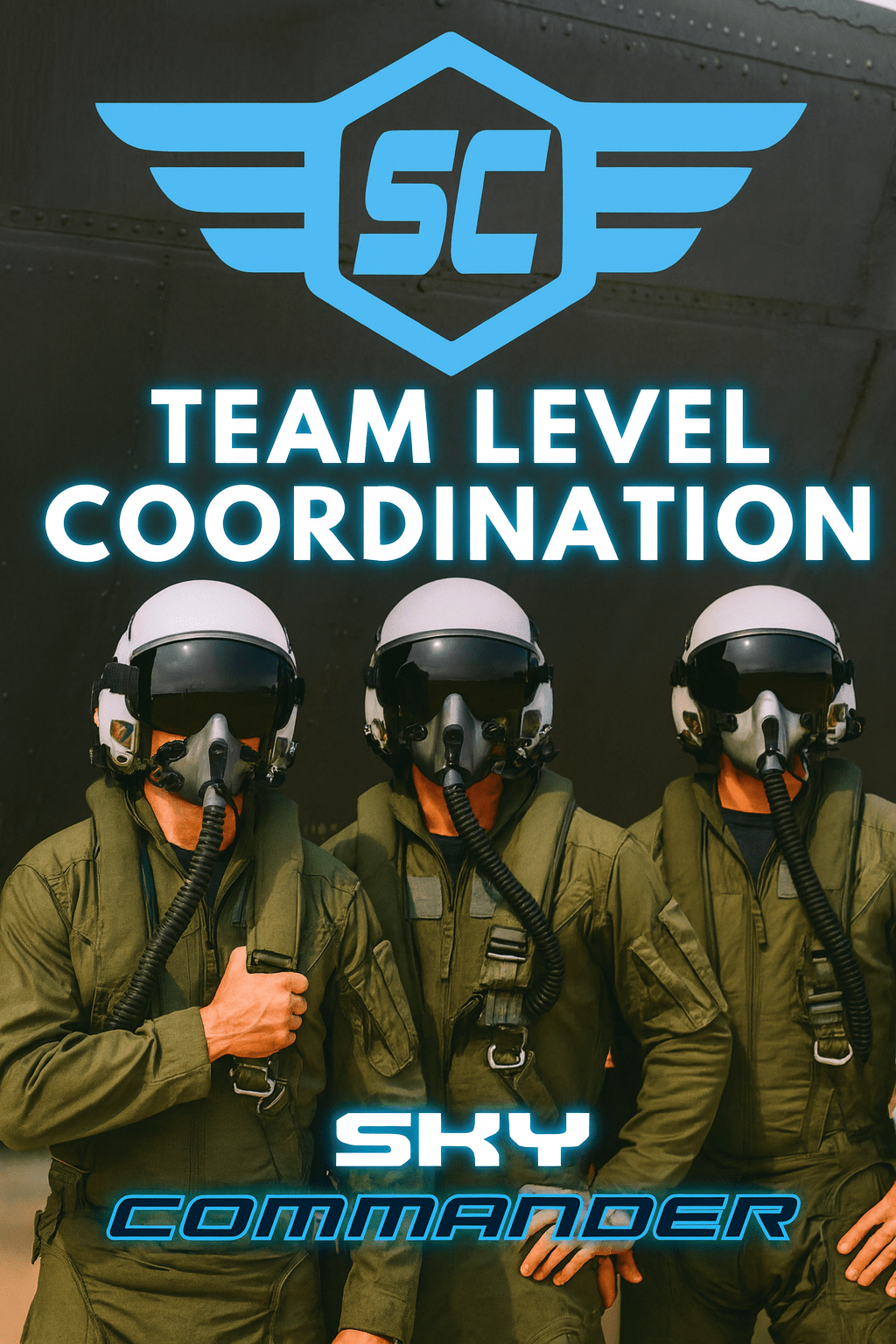 "Sky Commander branded image showing a coordinated flight crew in helmets under the Sky Commander logo with bold text ‘Team Level Coordination’ — symbolizing teamwork in drone operations when the link goes dark."