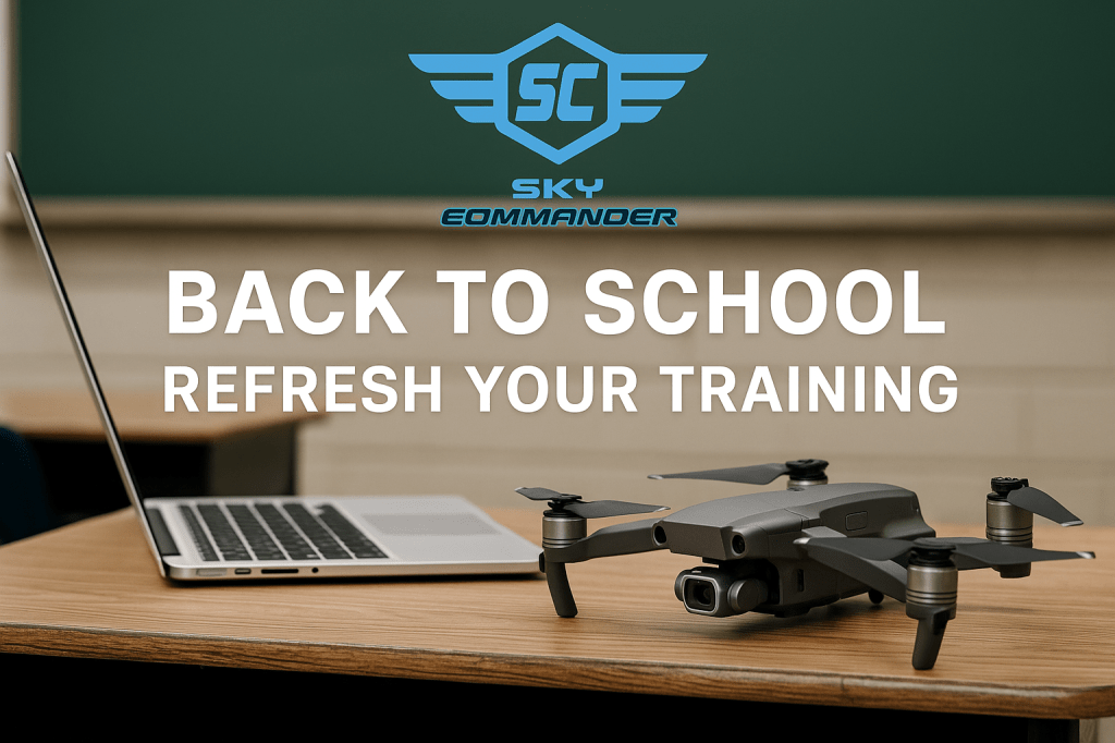 A Sky Commander promotional image featuring a drone on a classroom desk beside a laptop, with the text “Back to School: Refresh Your Training” and the Sky Commander logo.