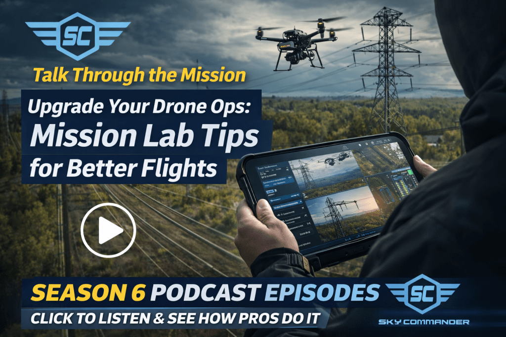 Sky Commander graphic showing a drone inspecting powerlines as a pilot holds a tablet with inspection footage and data overlays; text reads “Talk Through the Mission” and “Mission Lab Tips for Better Flights,” promoting Season 6 podcast episodes.
