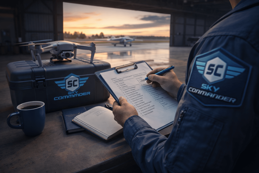 Sky Commander pilot completes a pre-flight checklist at sunrise in a hangar beside a branded drone case and aircraft